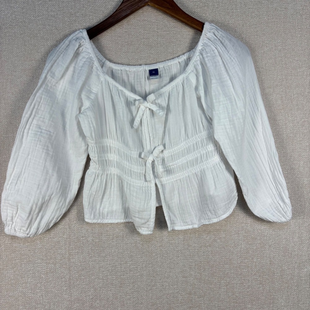 Old Navy Girls XL White Cotton Gauze Tie Front Smocked Peasant Blouse Top
